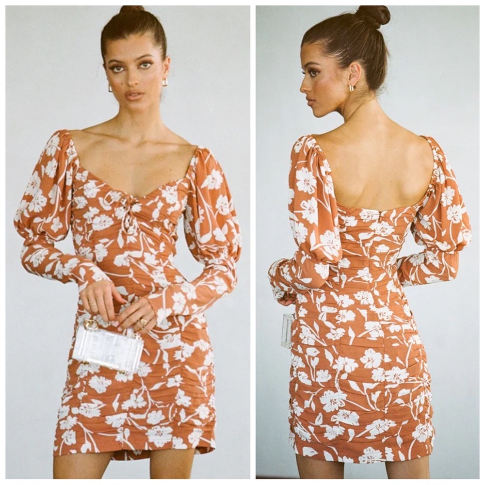 •SABO SKIRT• Genie Bodycon Mini Dress Tan‎ White Floral Print Puff Sleeve Size S